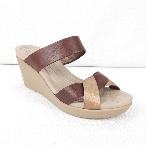 CROCS Shoes - CROCS LEIGH ANN LEATHER BRONZE WEDGE SANDALS